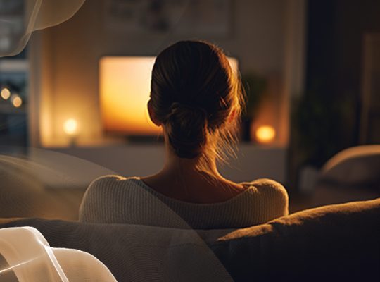 Pessoa vista de costas em uma sala aconchegante com iluminação baixa e TV acesa, com elementos gráficos suaves sobrepostos, sugerindo experiências conectadas e automação no lar.