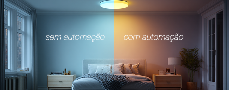 Imagem comparando os recursos de iluminação: sem automação à esquerda e com automação à direita, destacando a diferença na iluminação do quarto