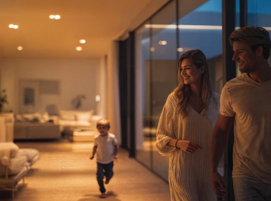 Família caminha por uma casa moderna ao entardecer, com iluminação interna acionada, sugerindo conforto e automação residencial.