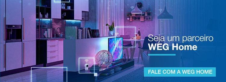 Banner com foto de uma casa/apartamento conectado (ícones de Wi‑Fi no ambiente) e texto “Seja um parceiro WEG Home” com botão “Fale com a WEG Home”.