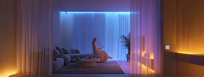 Sala com iluminação indireta em tons quentes e frios; pessoa sentada no sofá, sugerindo cenário de conforto e ajuste de luz conforme preferência.