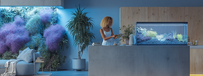Ambiente interno com parede verde exuberante e plantas; pessoa cuidando de um aquário sobre bancada, reforçando conexão com a natureza dentro de casa.