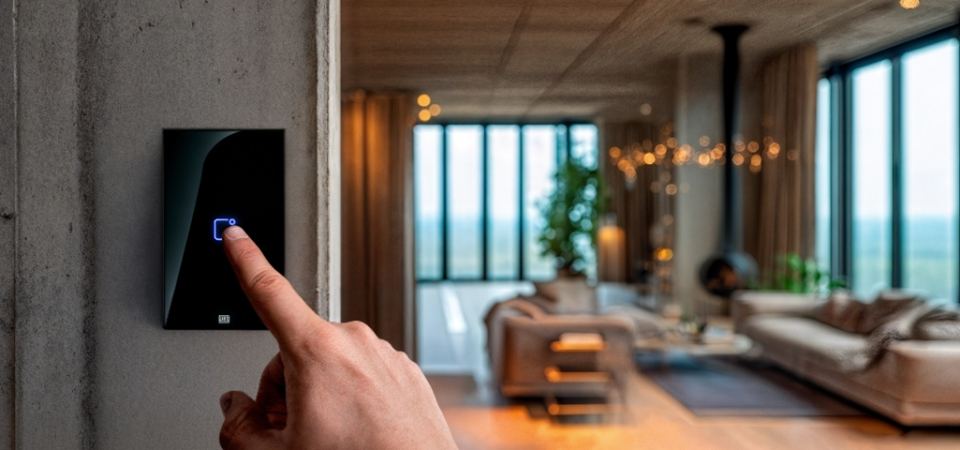 Mão toca um interruptor inteligente em parede de concreto, com sala moderna desfocada ao fundo, representando controle e automação residencial.