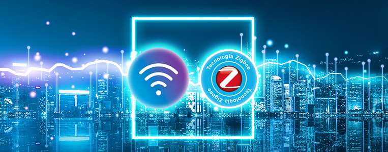 Arte tecnológica com ícone de Wi‑Fi e selo “Tecnologia Zigbee” sobre uma cidade futurista ao fundo, destacando conectividade e padrão de comunicação.