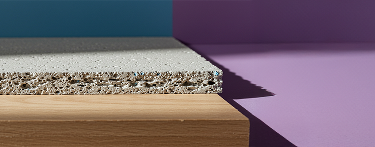 Close de amostras de materiais: placa porosa tipo concreto, peça de madeira e superfície colorida, destacando opções sustentáveis para construção e design.