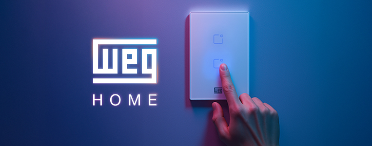 Logotipo WEG Home ao lado de um interruptor inteligente sendo pressionado, em fundo com iluminação azul e roxa.