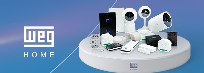 Logotipo WEG Home ao lado de um conjunto de dispositivos de automação (câmeras, módulos e controles) exibidos sobre uma base, destacando portfólio completo.