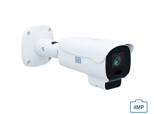 Câmera de segurança IP WEG tipo bullet, branca, com suporte de parede e lente frontal em módulo preto; indicação “4MP” no canto inferior direito.