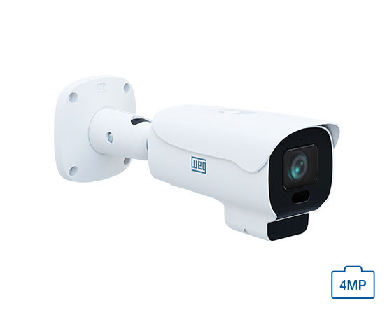 Câmera de segurança IP WEG tipo bullet, branca, com suporte de parede e lente frontal em módulo preto; indicação “4MP” no canto inferior direito.
