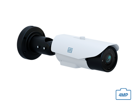 Câmera de segurança IP WEG tipo bullet, branca e preta, com suporte de parede preto e lente frontal; indicação “4MP” no canto inferior direito.
