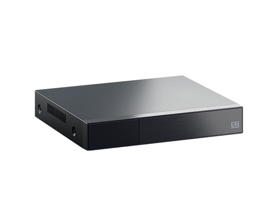 Gravador de vídeo em rede (NVR) WEG, preto, em formato retangular baixo, visto em perspectiva, com logo WEG na frente.