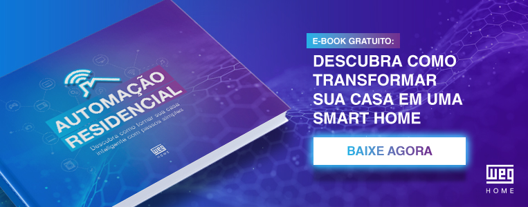 Banner em tons de azul e roxo com a capa de um e-book “Automação Residencial” à esquerda e o texto “E-book gratuito: descubra como transformar sua casa em uma smart home”, com botão “Baixe agora” e logotipo WEG Home.
