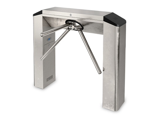 Catraca de acesso Core WA-BL Balcão em aço inoxidável com braço tripé, sensores e display integrados.