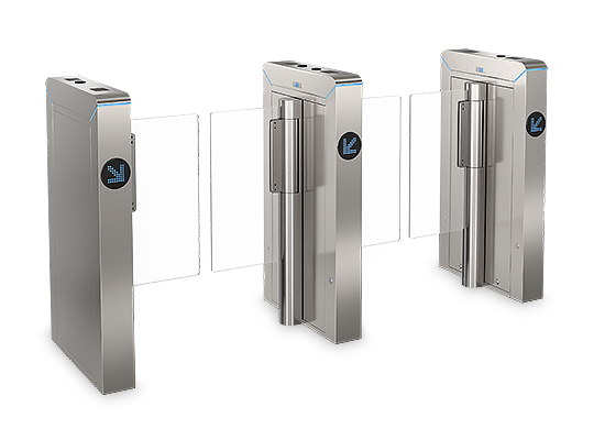 Conjunto de catracas compactas com barreiras de vidro e setas indicativas de direção